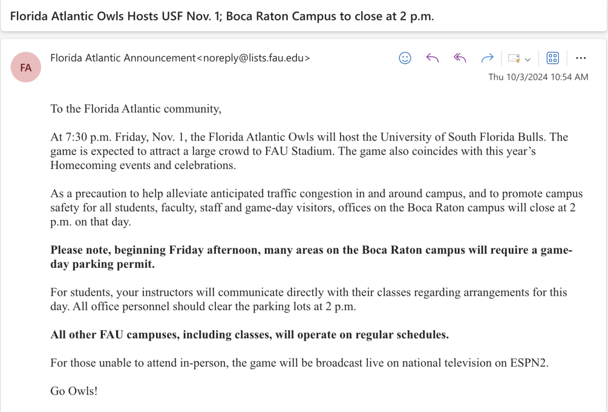 The email that FAU sent to students and faculty regarding the changes for the USF game.